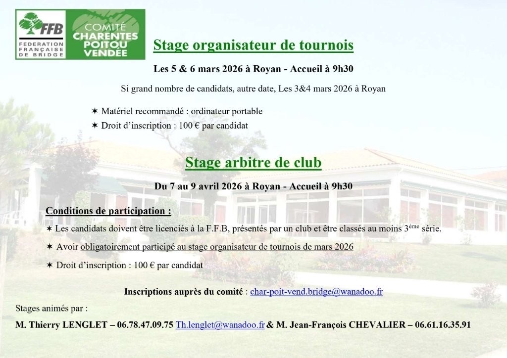 Stages : organisateurs de tournois et arbitres de tournois