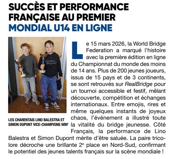 ♥️♠️ une paire de jeunes bridgeurs Charentais mondialement reconnue ♣️♦️