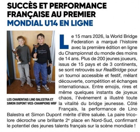 ♥️♠️ une paire de jeunes bridgeurs Charentais mondialement reconnue ♣️♦️