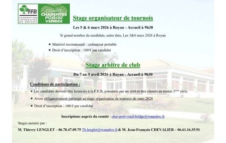 Stages : organisateurs de tournois et arbitres de tournois